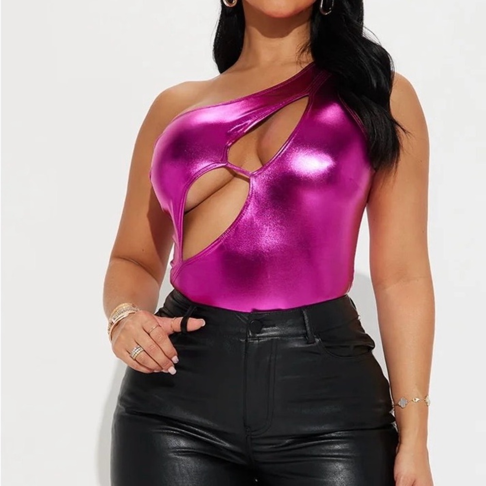 Fuchsia Pink Metallic One‎ Shoulder Cut-Out Bodysuit Women's XL